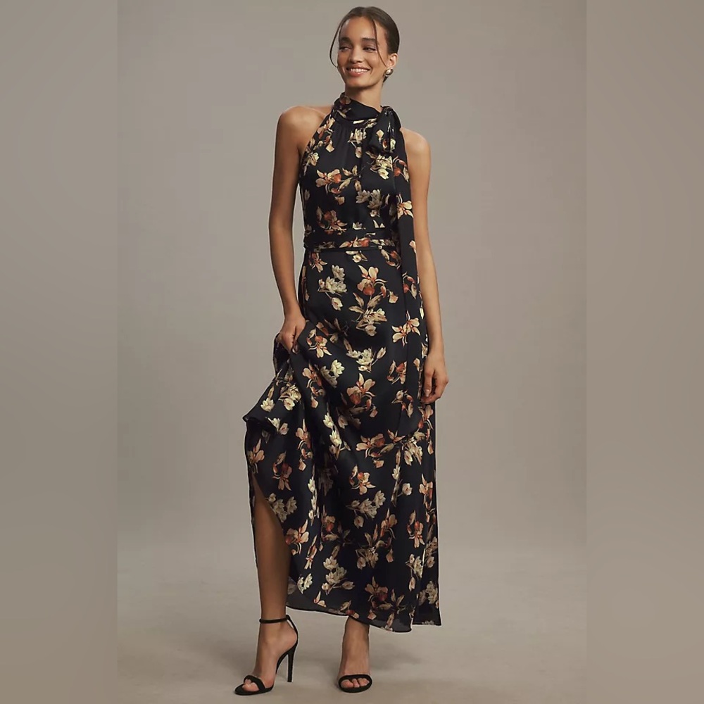 Sachin & Babi‎ Kayla Halter A-Line Maxi Dress Black Venetian Petal Size 4